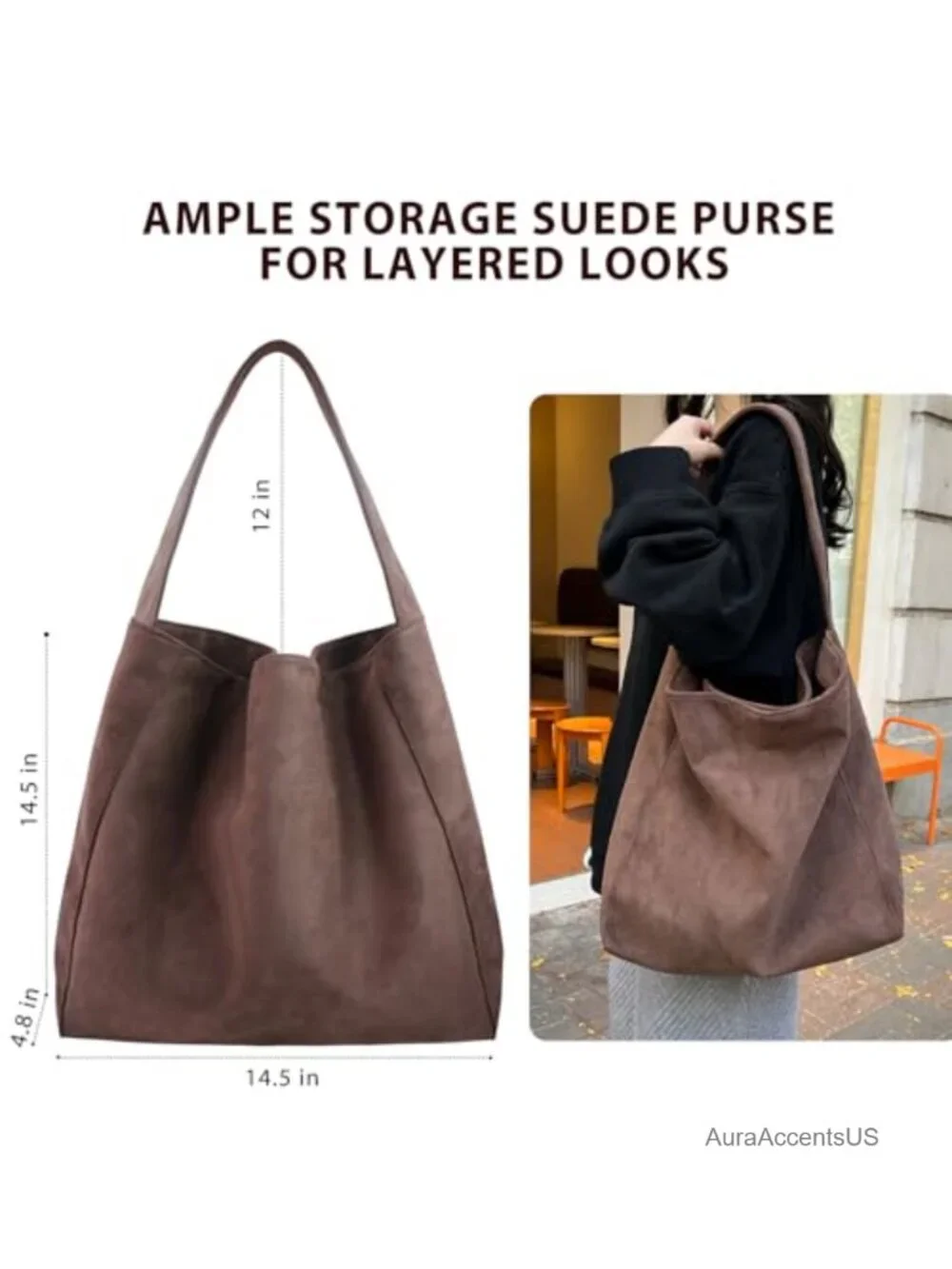 Faux Suede Large Slouchy Hobo Tote Handbag Shoulder Bag Travel